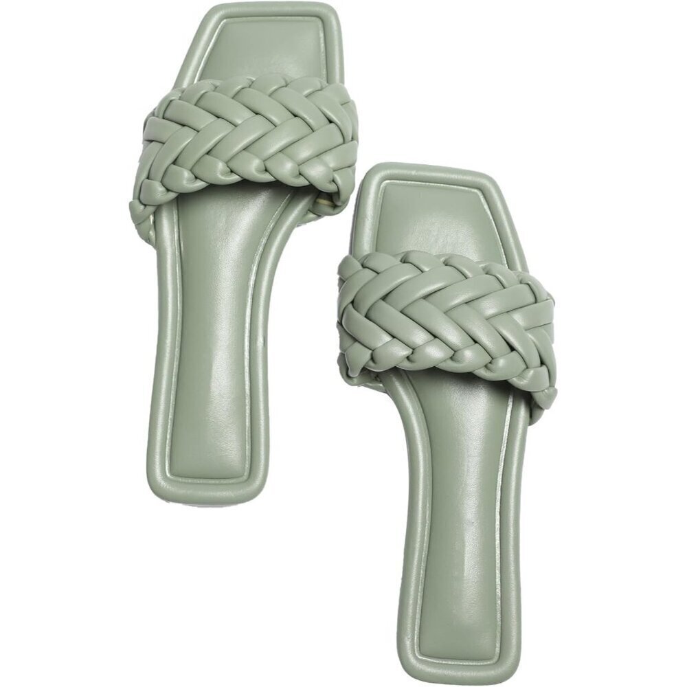 Womens Green Faux Leather Open toe Breathable lightweight Flat Slide Sandals